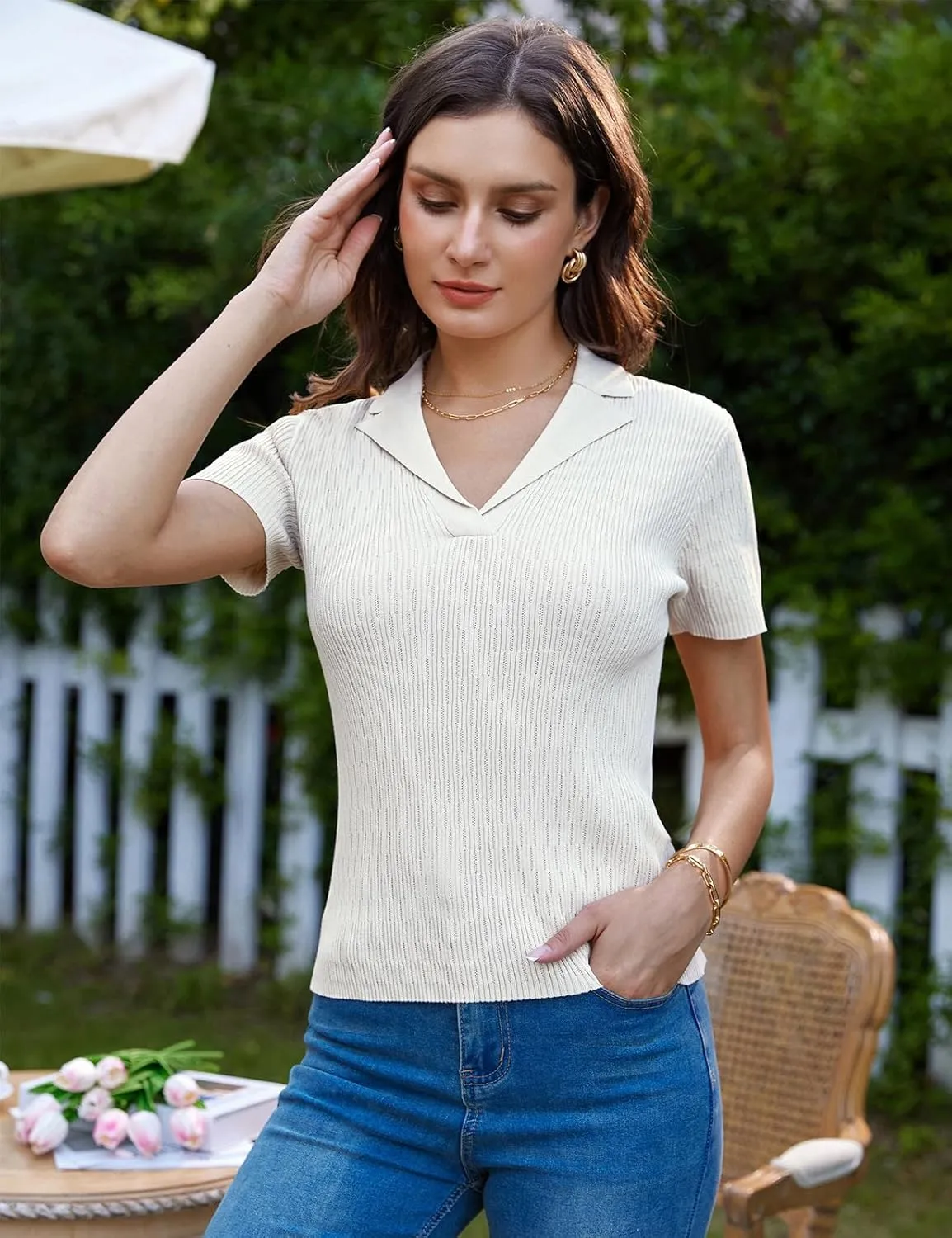 GRACE KARIN Womens 2025 Summer Short Sleeve Sweater V Neck Knitted Polo Shirt Lightweight Collared Pullover Sweater