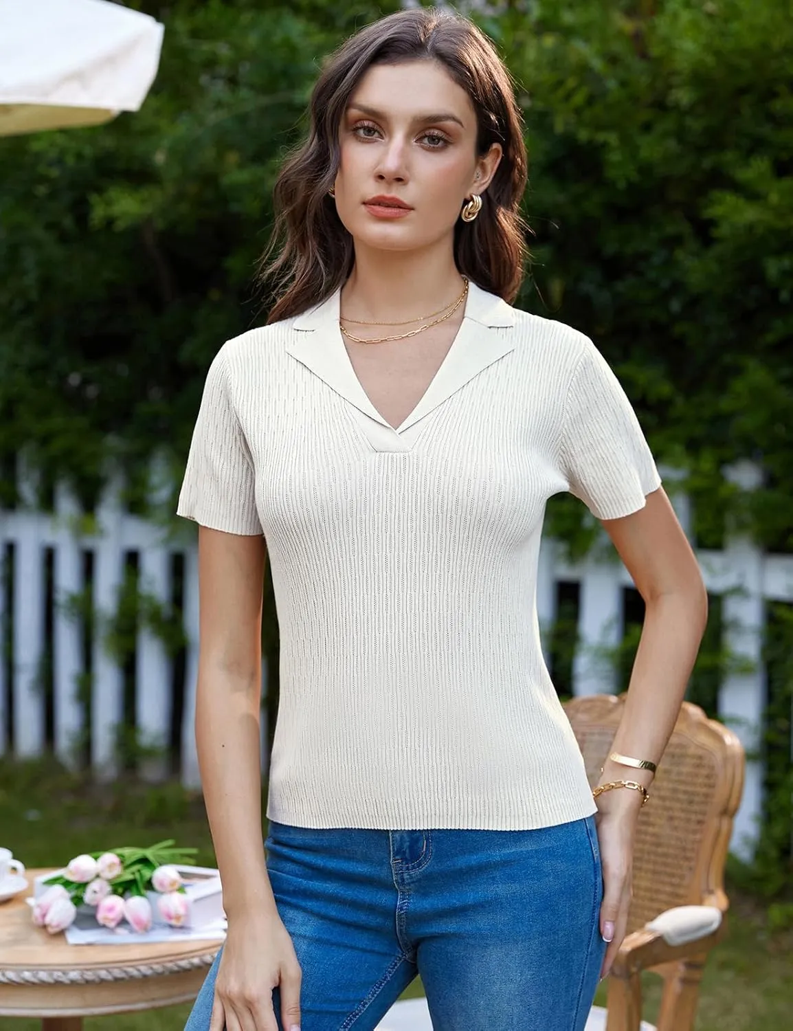 GRACE KARIN Womens 2025 Summer Short Sleeve Sweater V Neck Knitted Polo Shirt Lightweight Collared Pullover Sweater