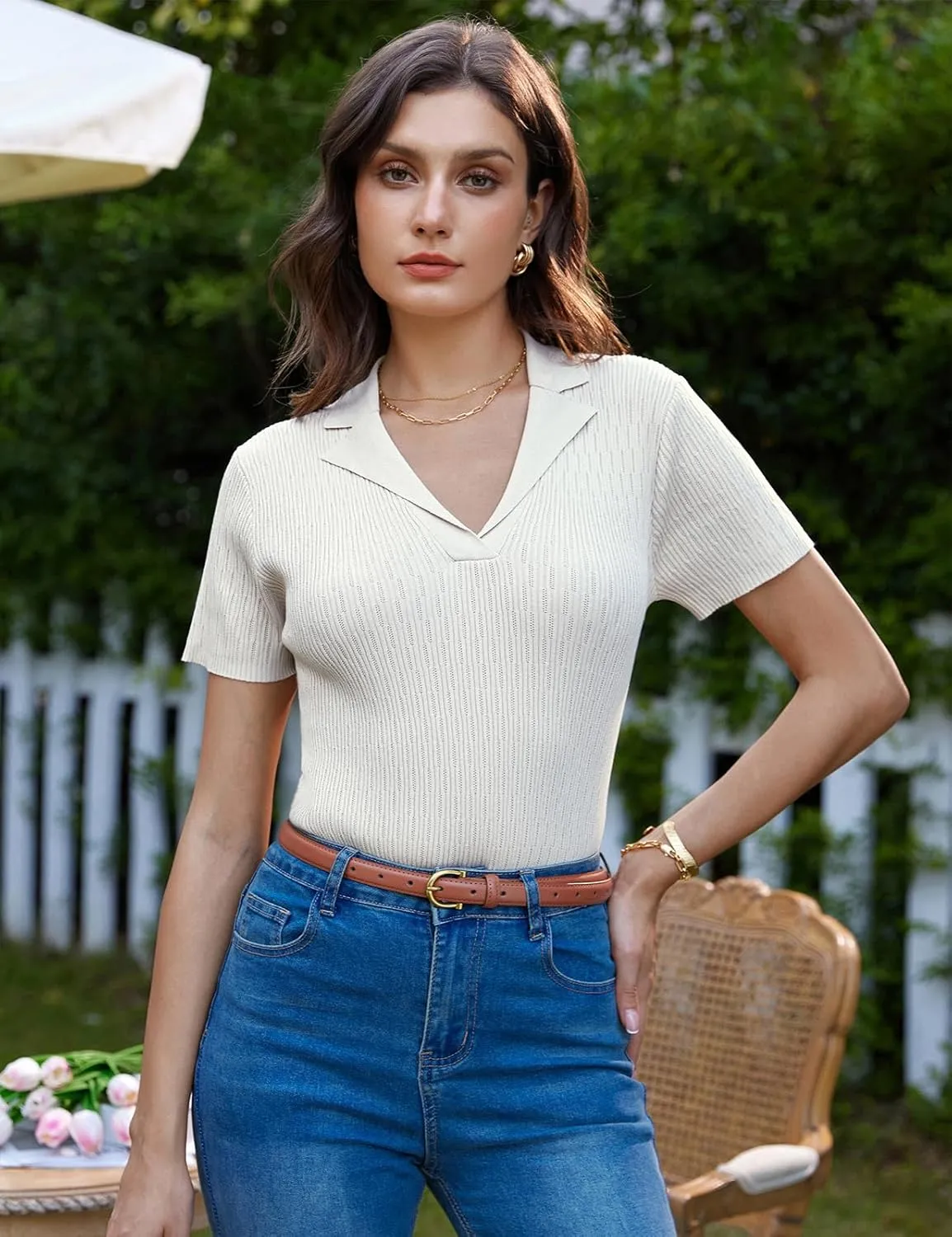 GRACE KARIN Womens 2025 Summer Short Sleeve Sweater V Neck Knitted Polo Shirt Lightweight Collared Pullover Sweater