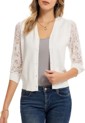 GRACE KARIN Women's Summer Cardigan Lightweight V Neck Lace 3/4 Sleeve Button Front Sweaters