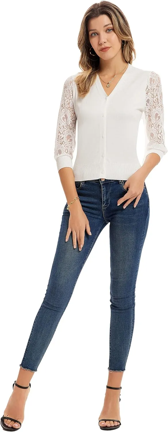 GRACE KARIN Women's Summer Cardigan Lightweight V Neck Lace 3/4 Sleeve Button Front Sweaters