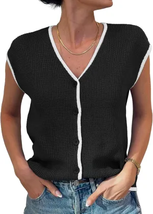 GRACE KARIN Womens Sweater Vest 2025 Summer Casual V Neck Cap Sleeve Button Down Sleeveless Knit Top