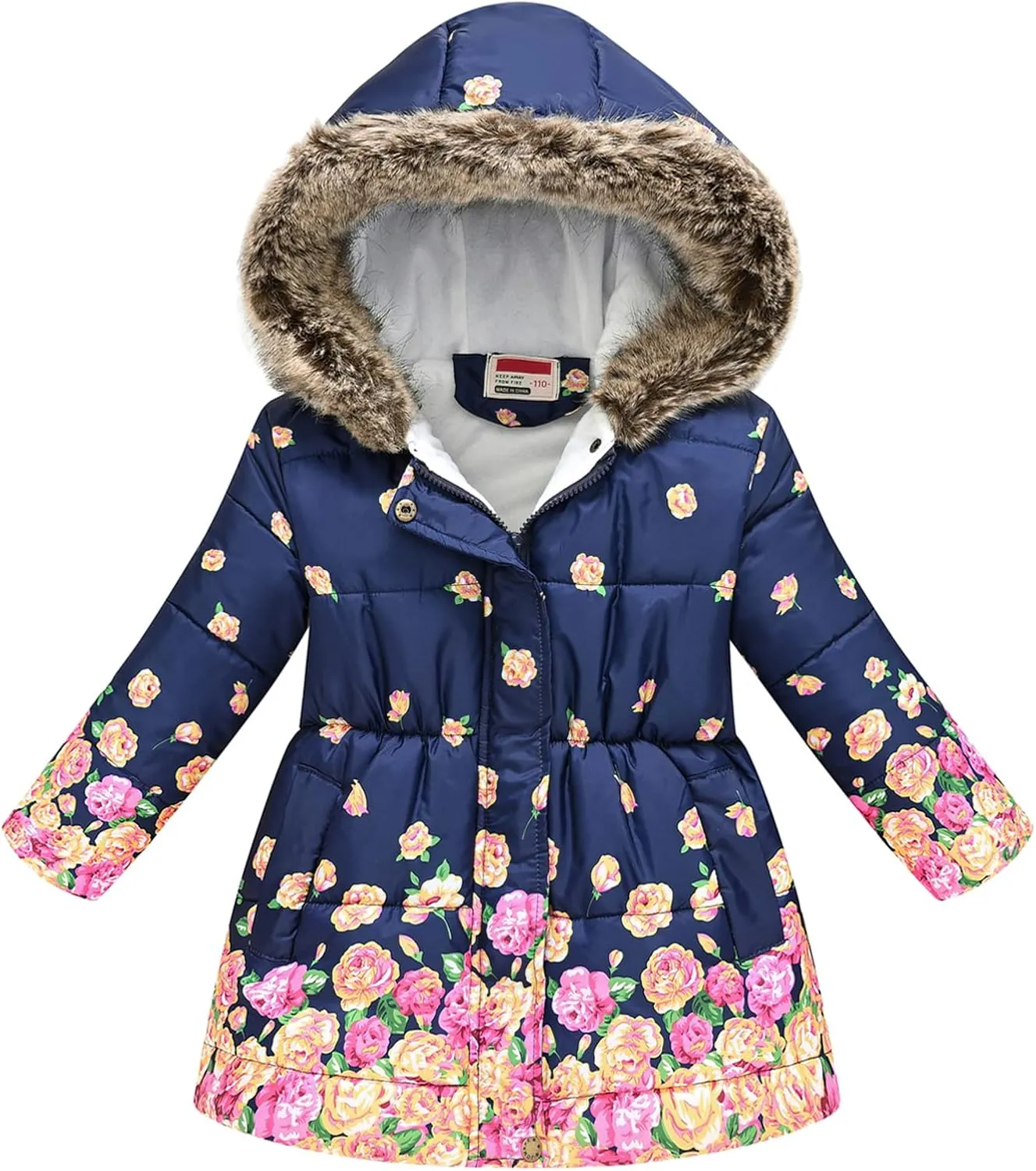 Happy Cherry Girl's Fleece Line Hooded Jacket Faux Fur Trim Winter Warm Coat Long Padded Outwear Snow Puffer Jackets
