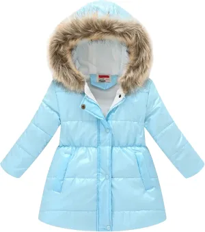 Happy Cherry Girl's Fleece Line Hooded Jacket Faux Fur Trim Winter Warm Coat Long Padded Outwear Snow Puffer Jackets