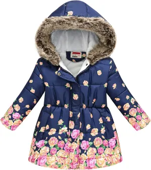 Happy Cherry Girl's Fleece Line Hooded Jacket Faux Fur Trim Winter Warm Coat Long Padded Outwear Snow Puffer Jackets