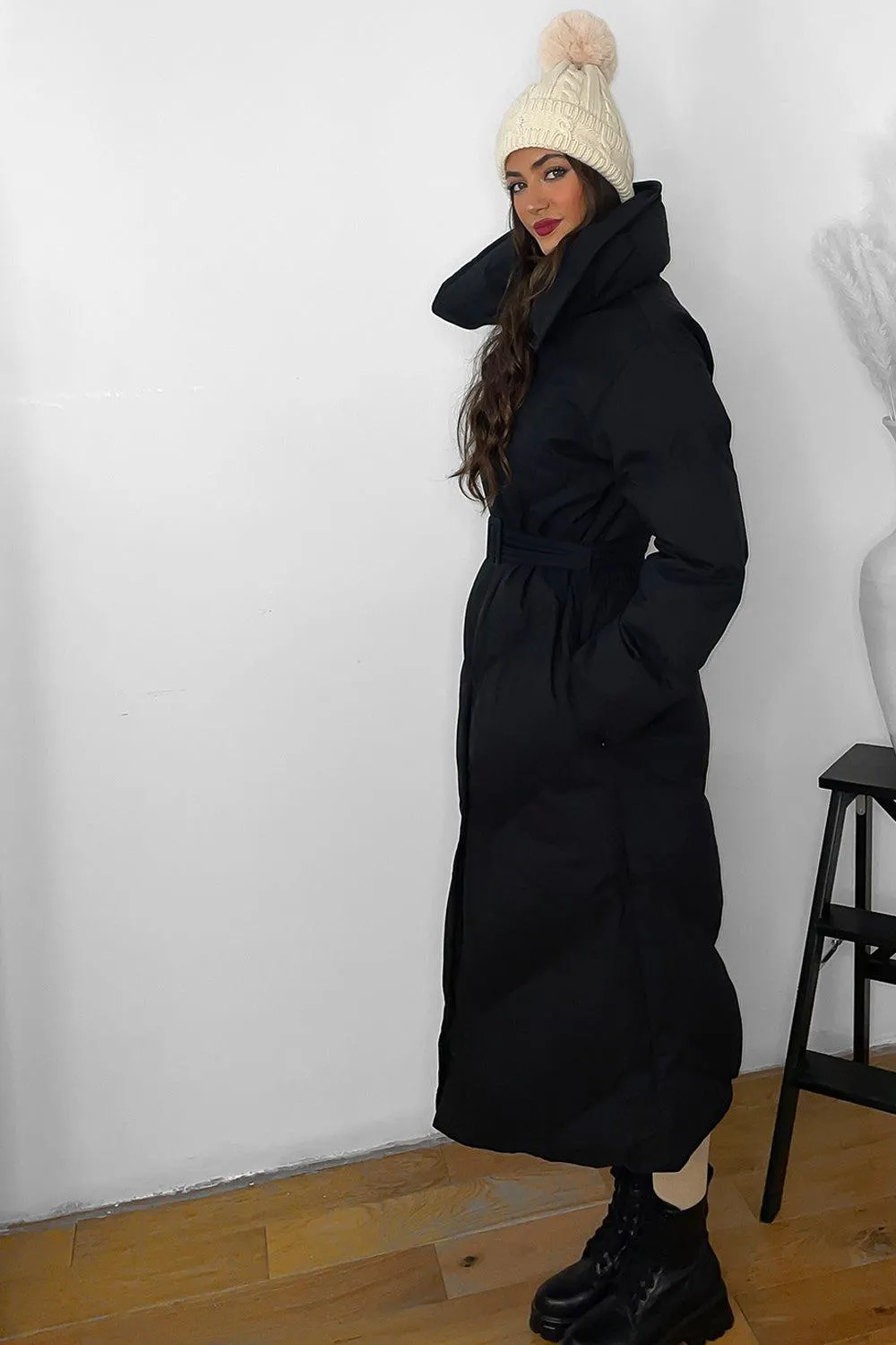 High Neck Belted Midi Puffer Jacket