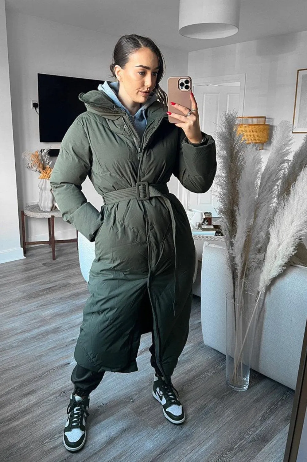 High Neck Belted Midi Puffer Jacket