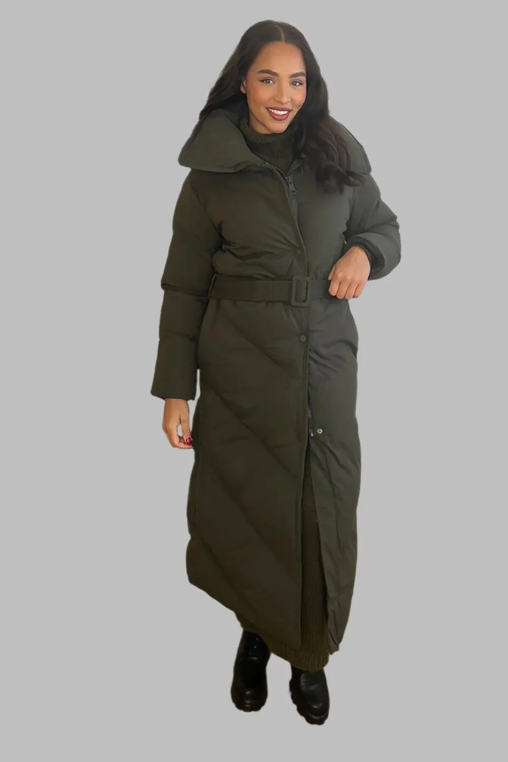 High Neck Belted Midi Puffer Jacket