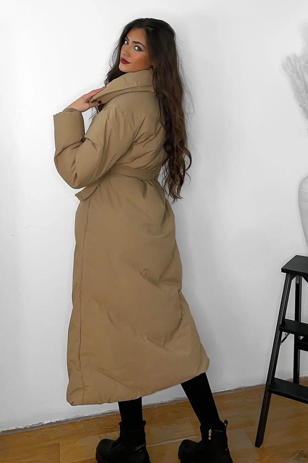 High Neck Belted Midi Puffer Jacket