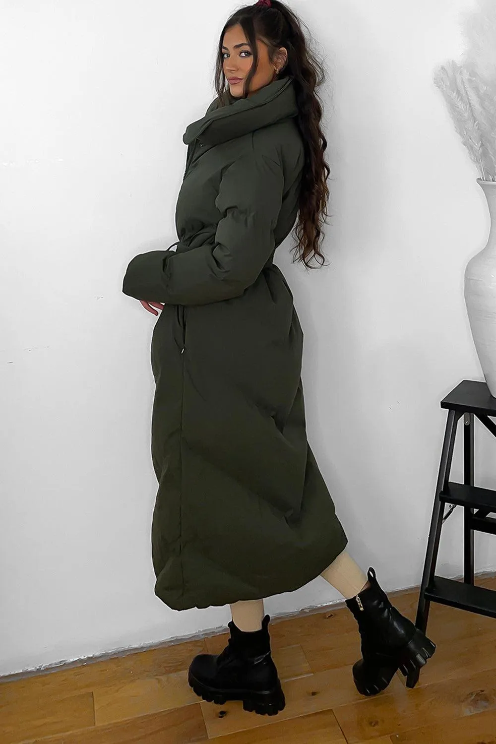 High Neck Belted Midi Puffer Jacket