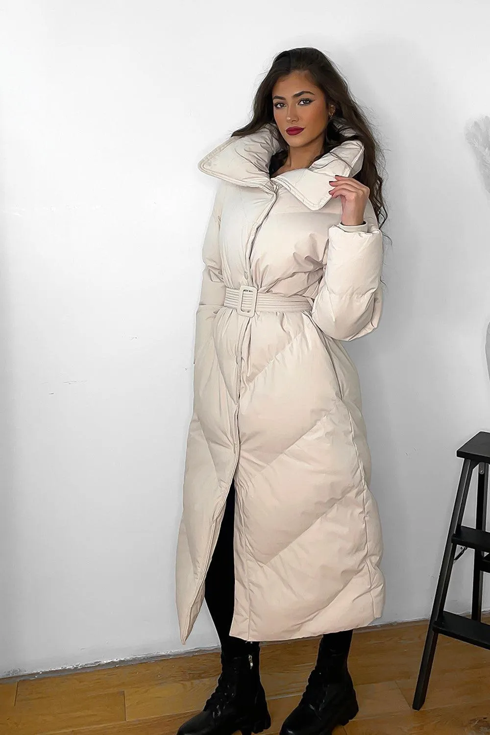 High Neck Belted Midi Puffer Jacket