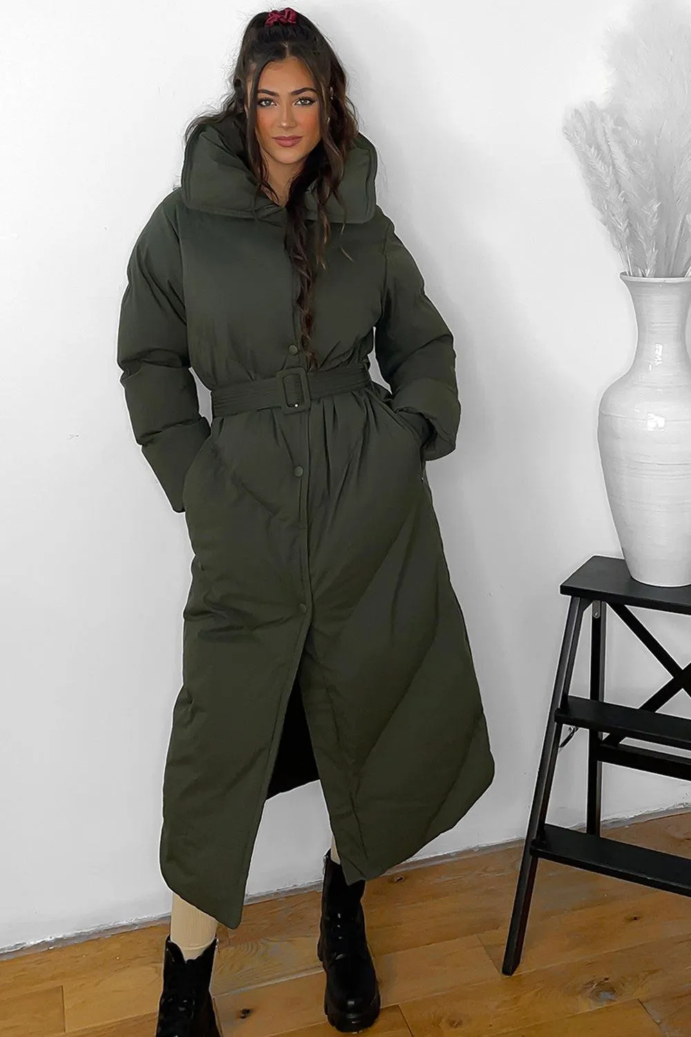 High Neck Belted Midi Puffer Jacket