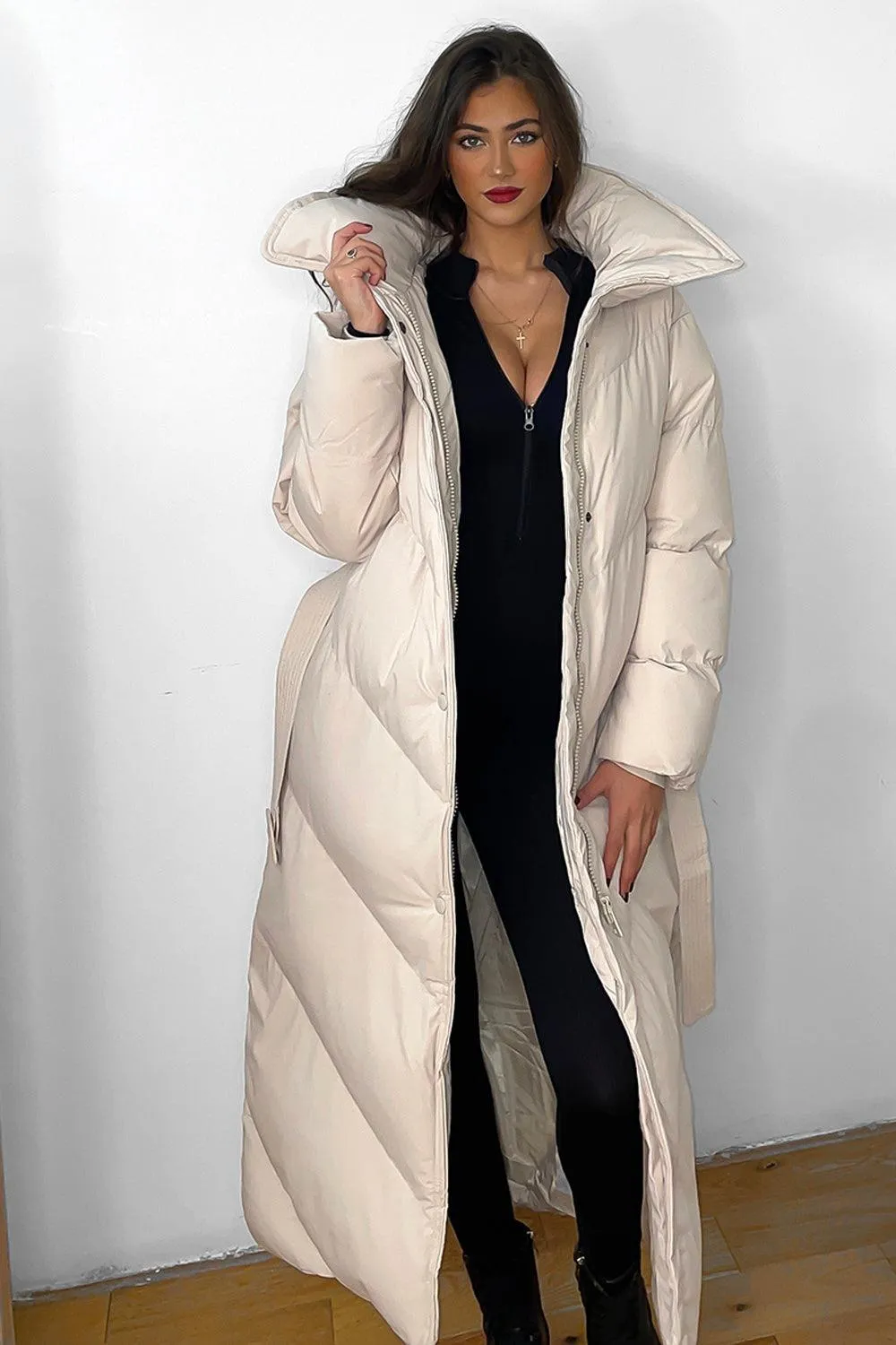 High Neck Belted Midi Puffer Jacket