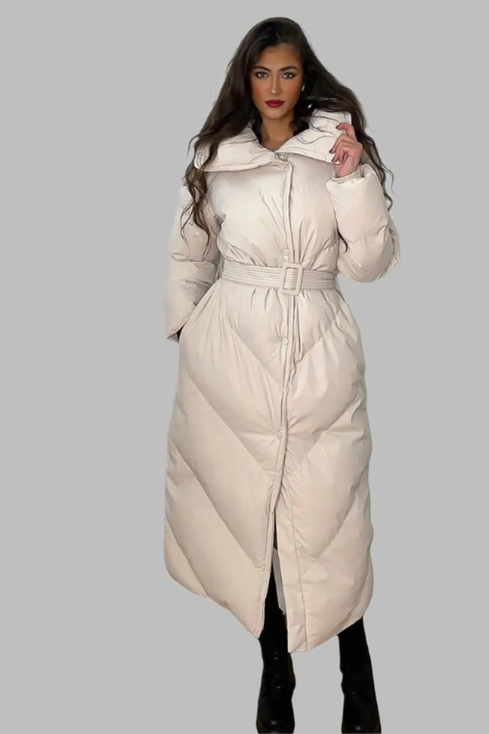High Neck Belted Midi Puffer Jacket