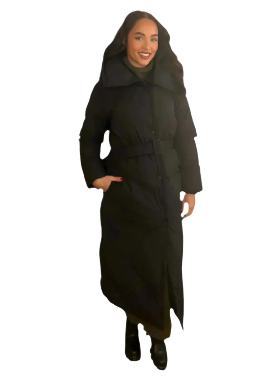 High Neck Belted Midi Puffer Jacket
