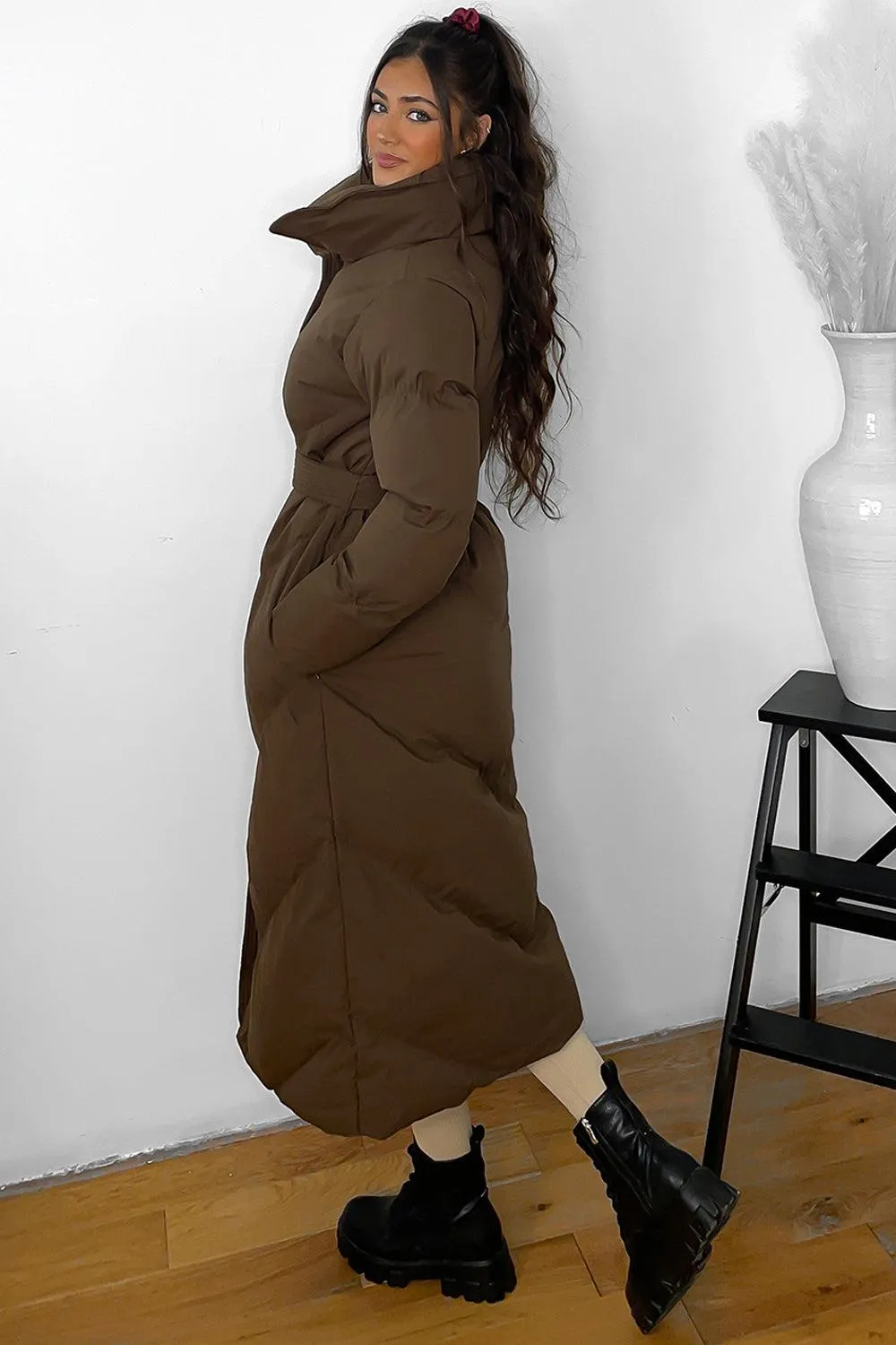 High Neck Belted Midi Puffer Jacket