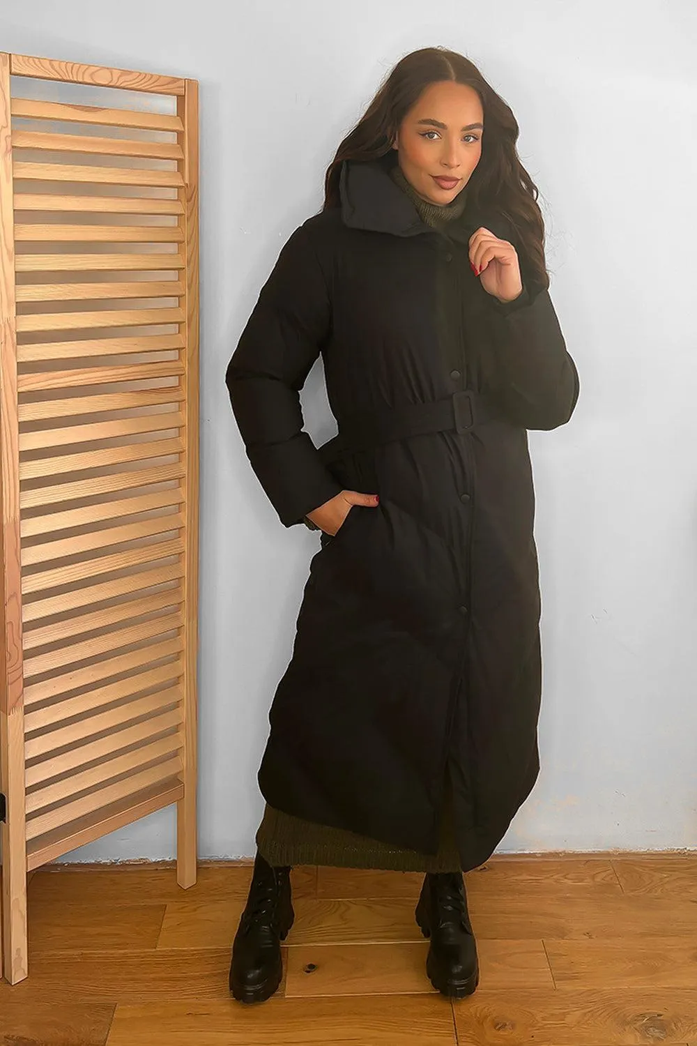 High Neck Belted Midi Puffer Jacket