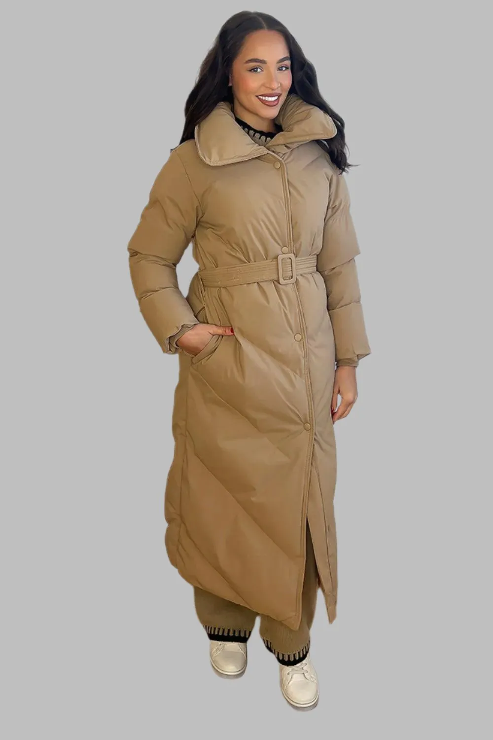 High Neck Belted Midi Puffer Jacket