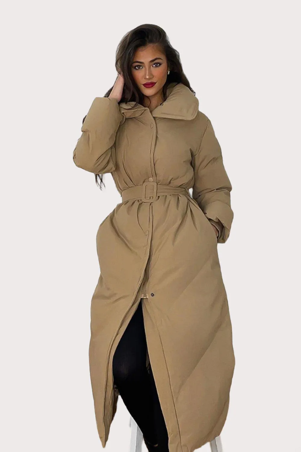 High Neck Belted Midi Puffer Jacket