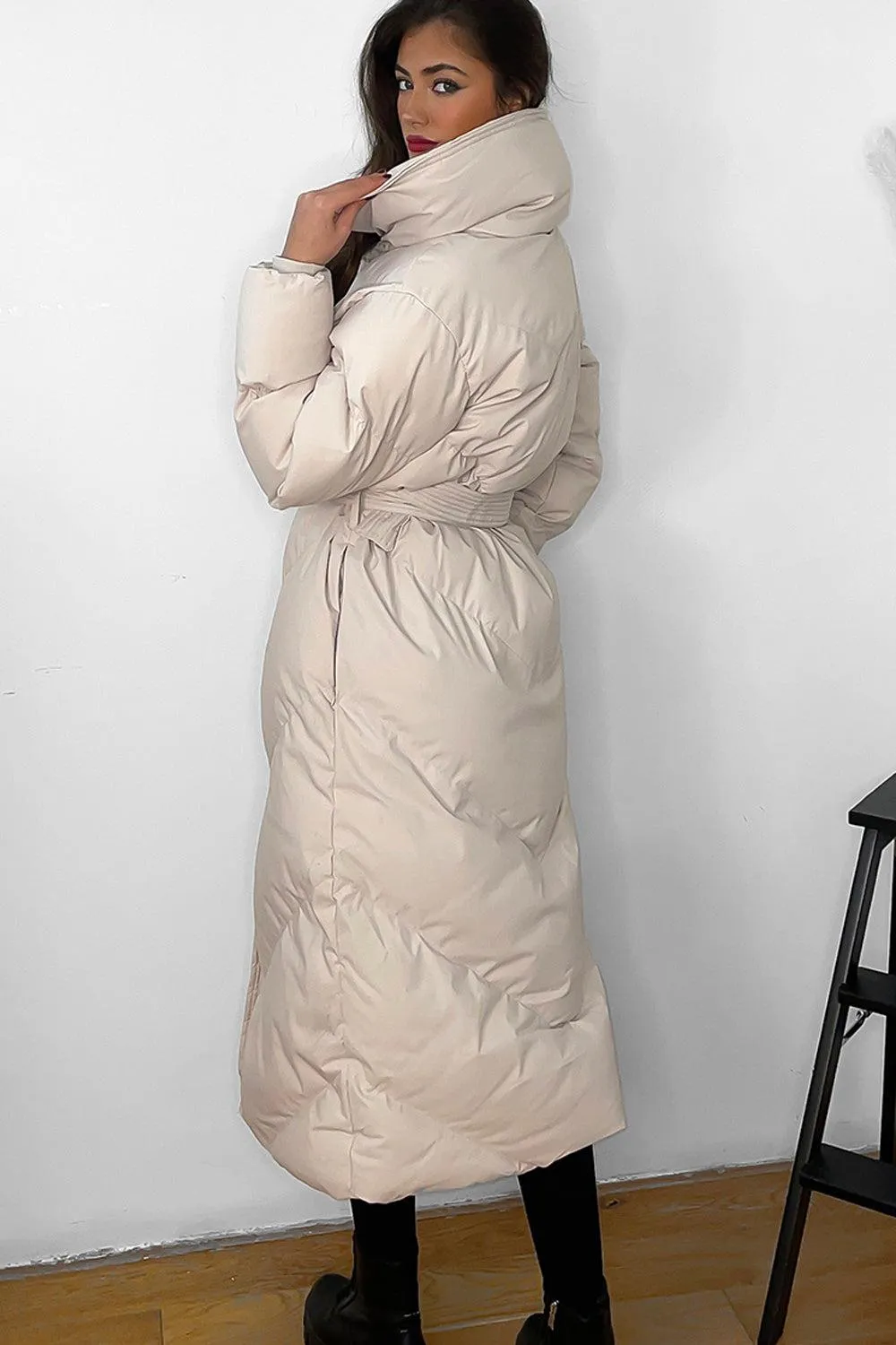 High Neck Belted Midi Puffer Jacket