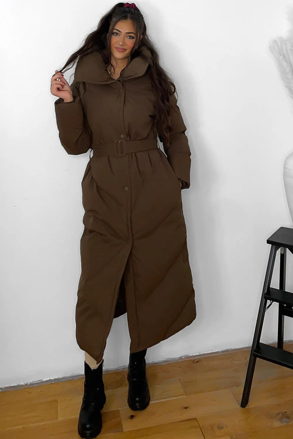High Neck Belted Midi Puffer Jacket