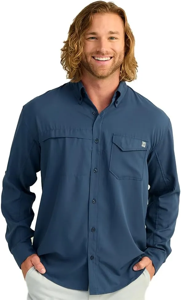 HUK Men's Tide Point Solid Long Sleeve Shirt, Button