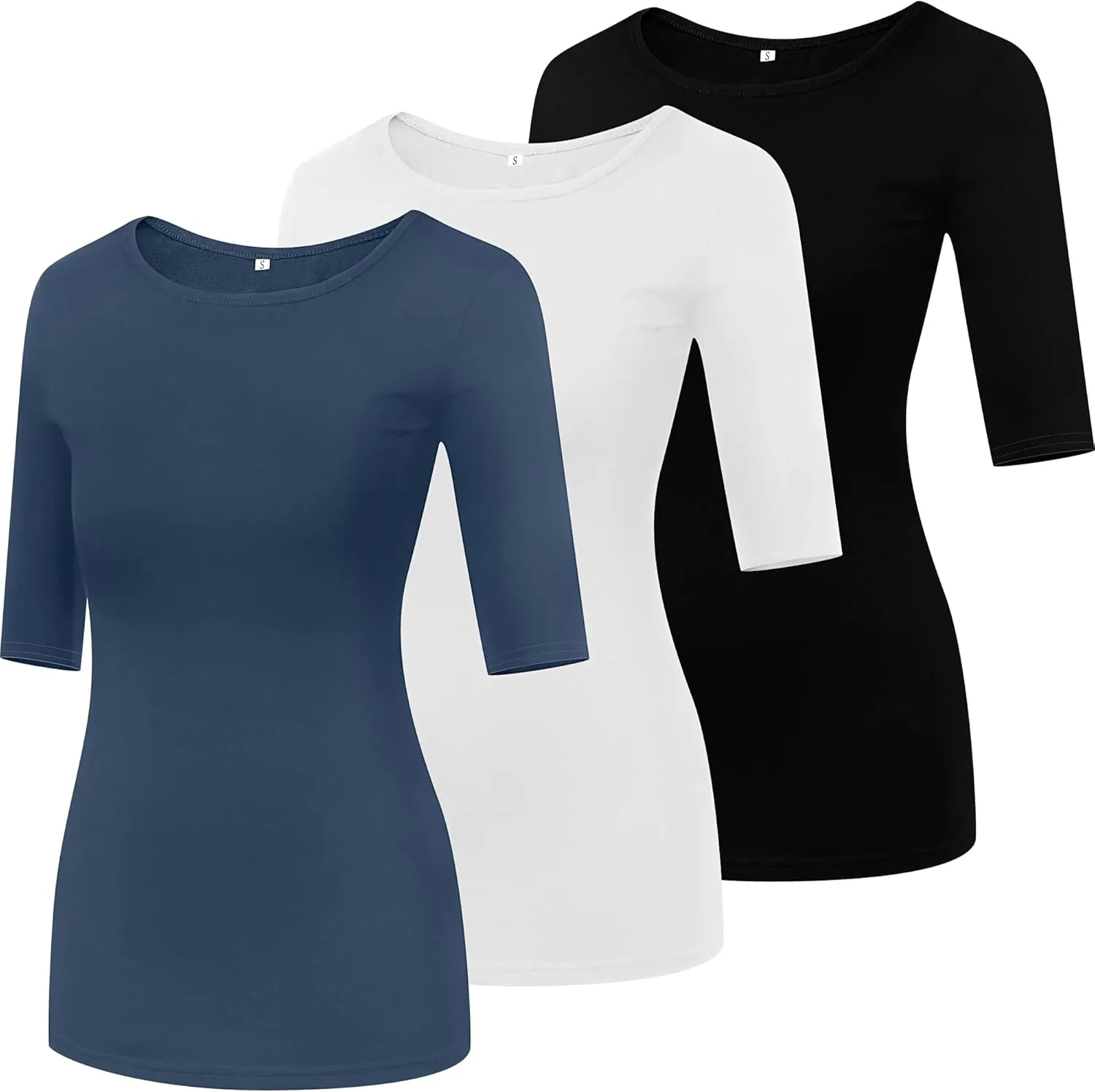 Huukeay 3 Pack Women's Half Sleeve T Shirt 1/2 Sleeve T Shirt Tops Womens Basic Round Neck Slim Fit Stretchy Tees