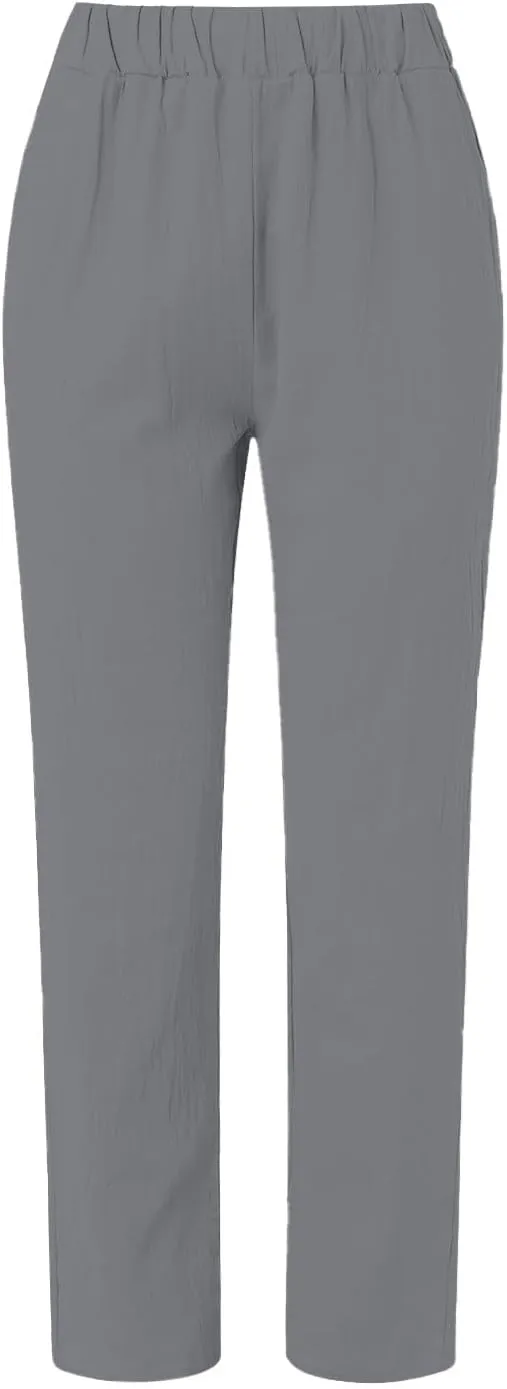 HXHYQKP Summer Pants for Women Casual Pants Stripe Print Side Button Trendy Pants Elastic Waist Straight Leg Trousers