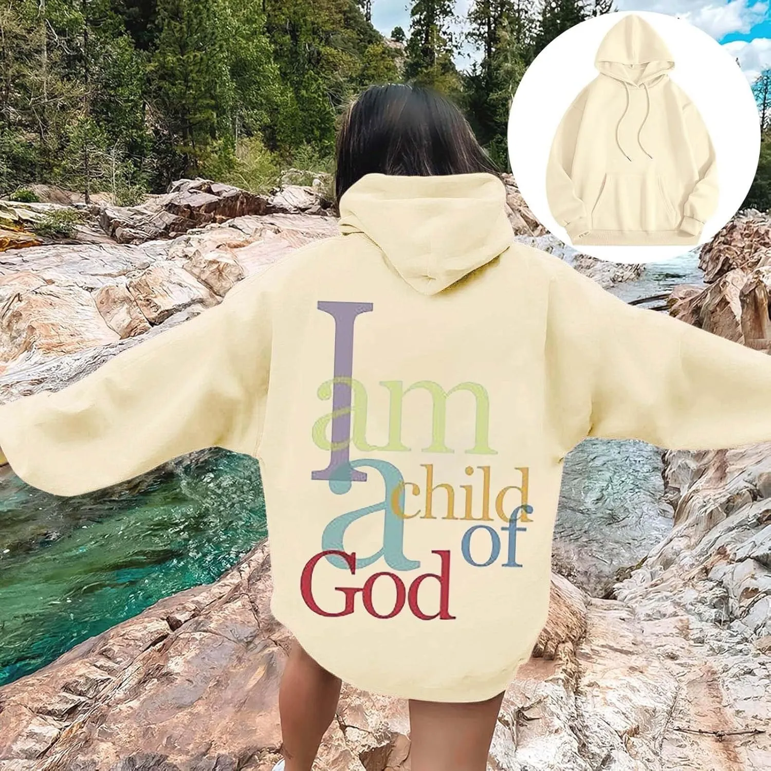 I Am A Child of God Sweatshirt for Women Trendy Letter Print Long Sleeve Hoodie Oversized Casual Drawstring Sweatshirts