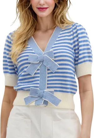 InterNos Womens Bow Front Short Sleeves Sweater Classic Striped V Neck Cropped Knit Pullover Tops