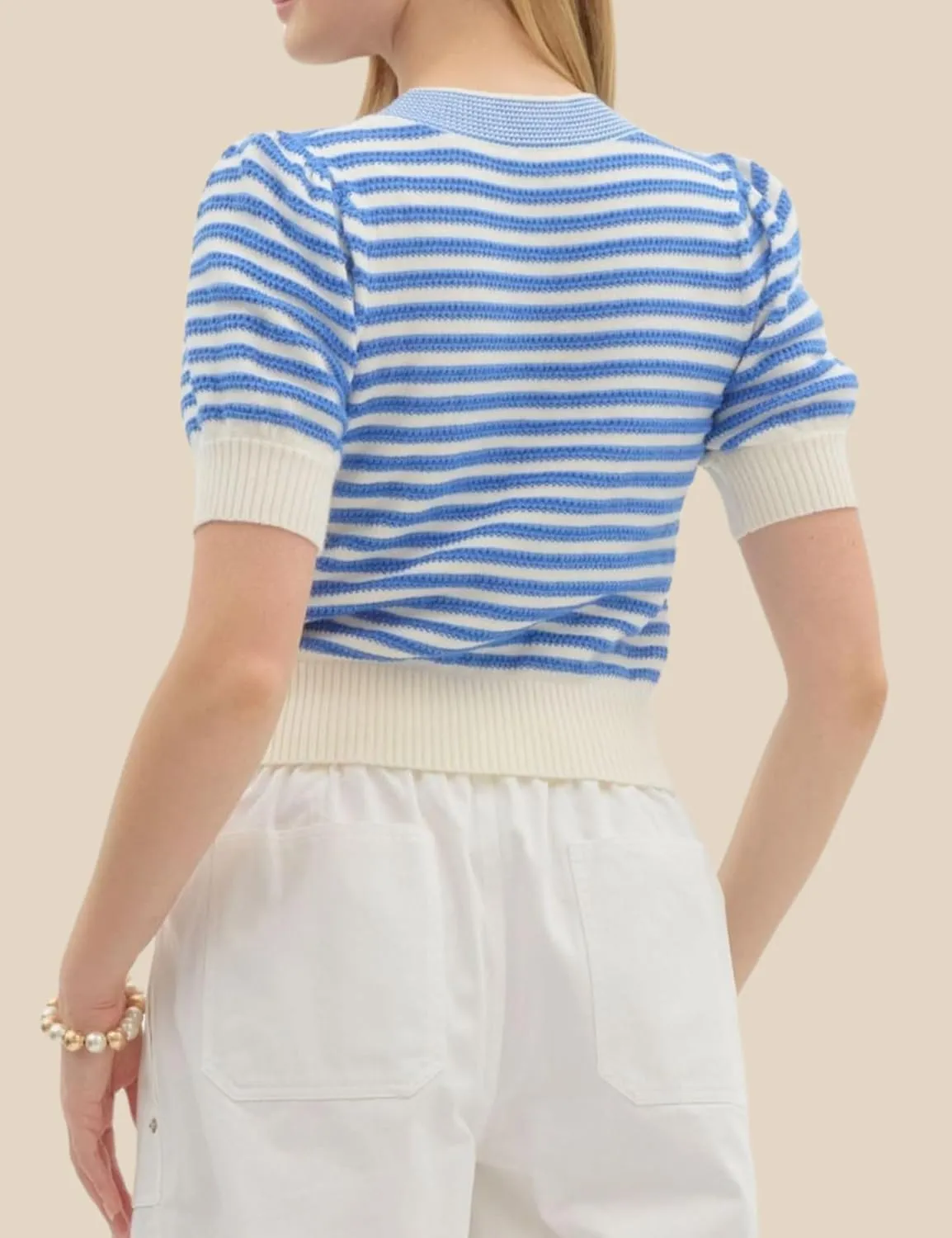 InterNos Womens Bow Front Short Sleeves Sweater Classic Striped V Neck Cropped Knit Pullover Tops
