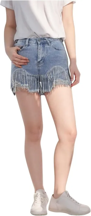 Jean Shorts for Women Casual High Waisted Frayed Ripped Raw Hem Denim Short Pants Sexy Tassel Chain Shorts