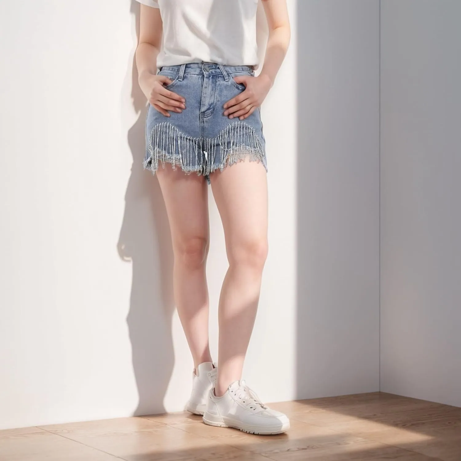 Jean Shorts for Women Casual High Waisted Frayed Ripped Raw Hem Denim Short Pants Sexy Tassel Chain Shorts