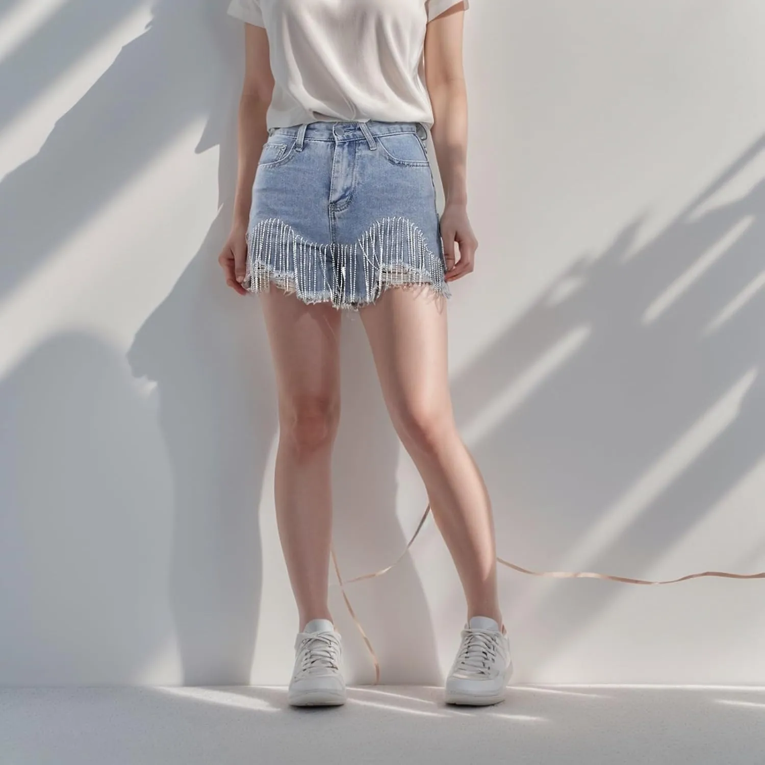 Jean Shorts for Women Casual High Waisted Frayed Ripped Raw Hem Denim Short Pants Sexy Tassel Chain Shorts