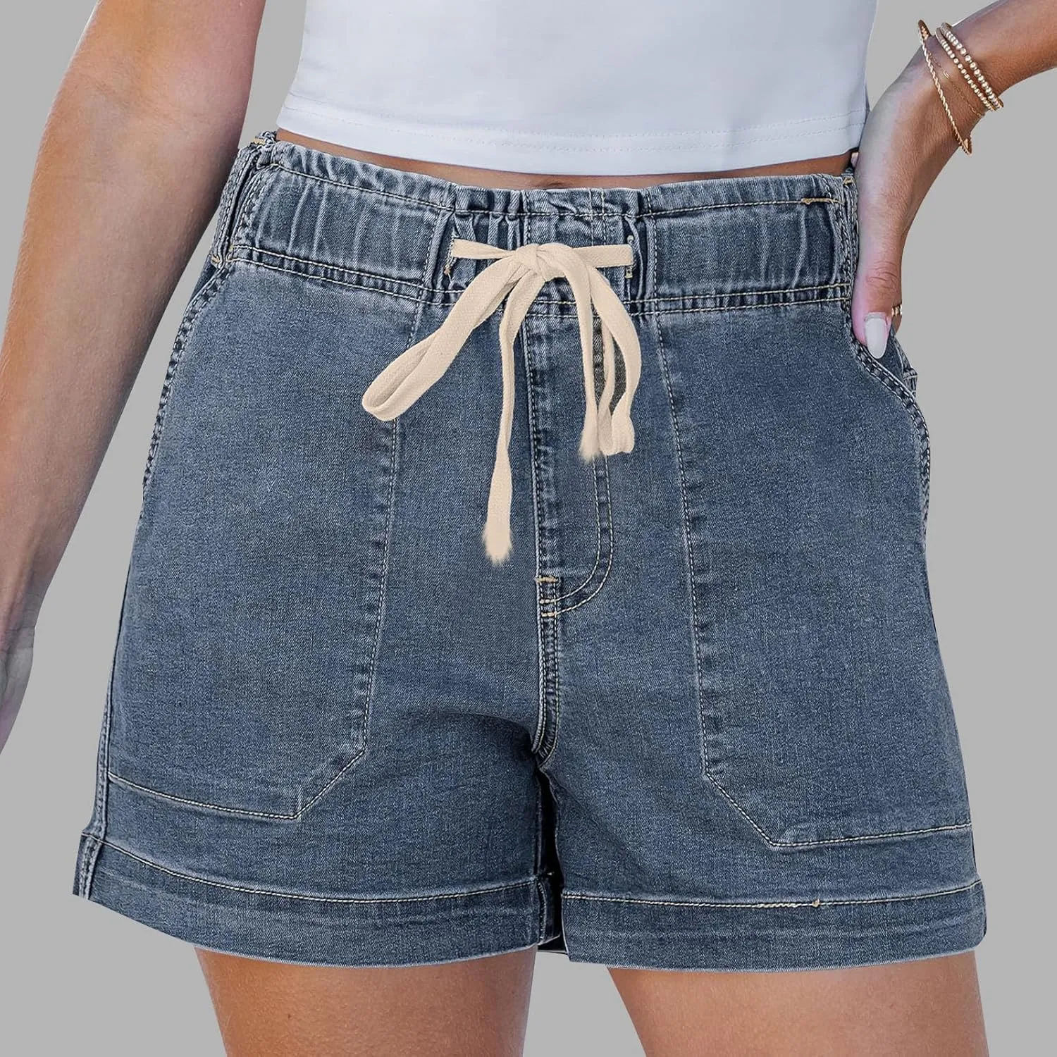 Jean Shorts for Women High Waisted Trendy Patch Pocket Drawstring Casual Summer Stretchy Denim Shorts with Pockets