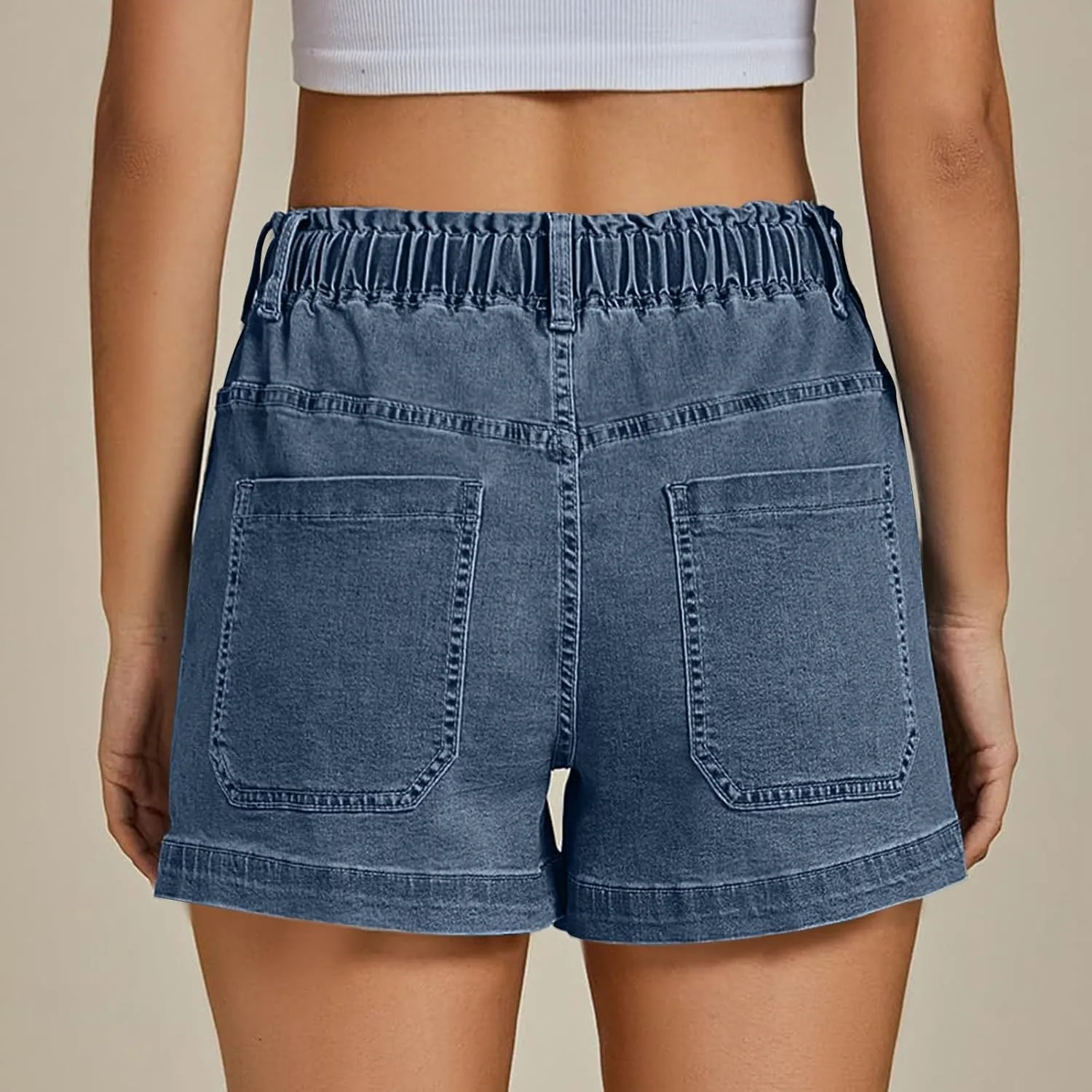 Jean Shorts for Women High Waisted Trendy Patch Pocket Drawstring Casual Summer Stretchy Denim Shorts with Pockets