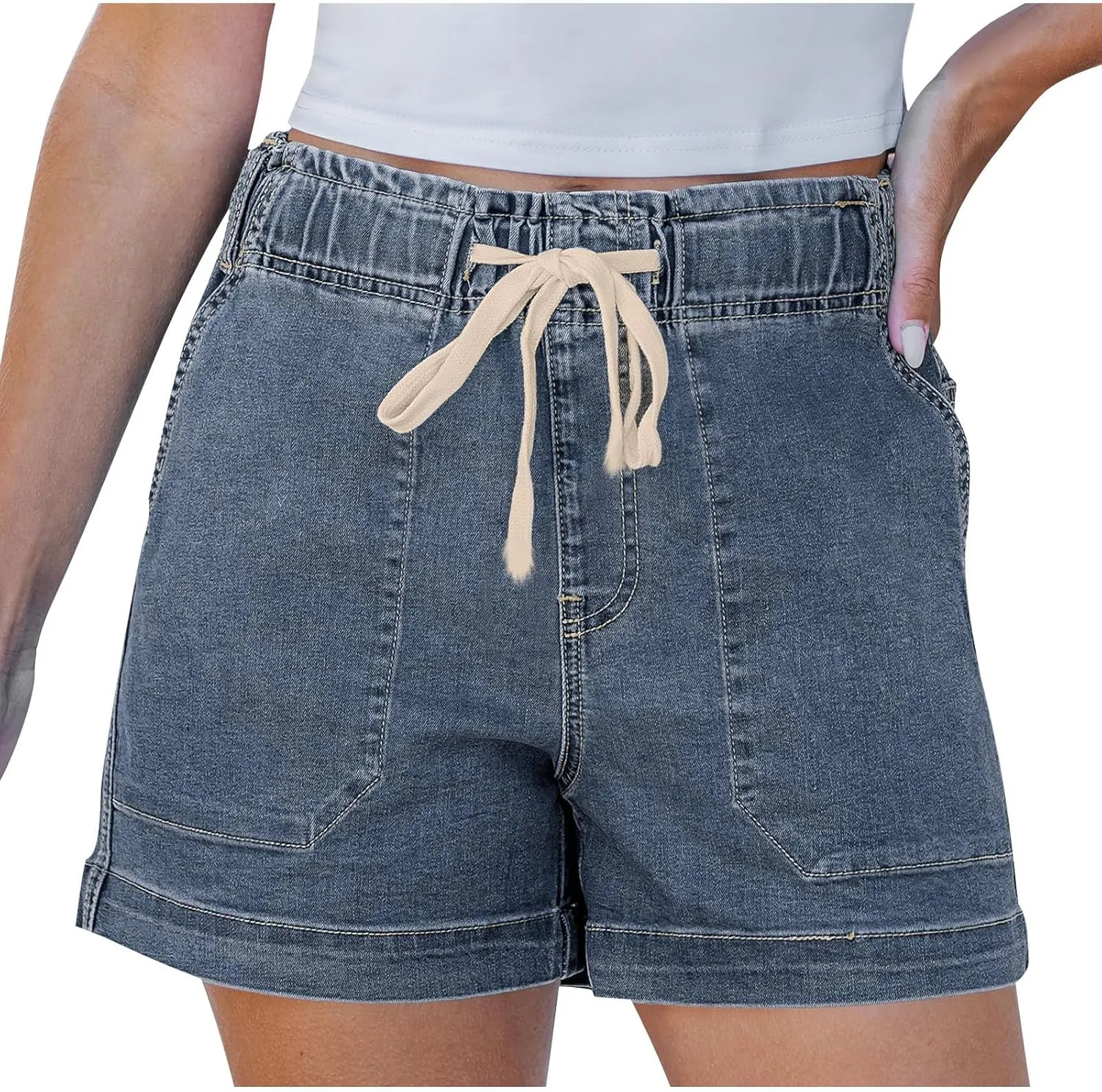 Jean Shorts for Women High Waisted Trendy Patch Pocket Drawstring Casual Summer Stretchy Denim Shorts with Pockets