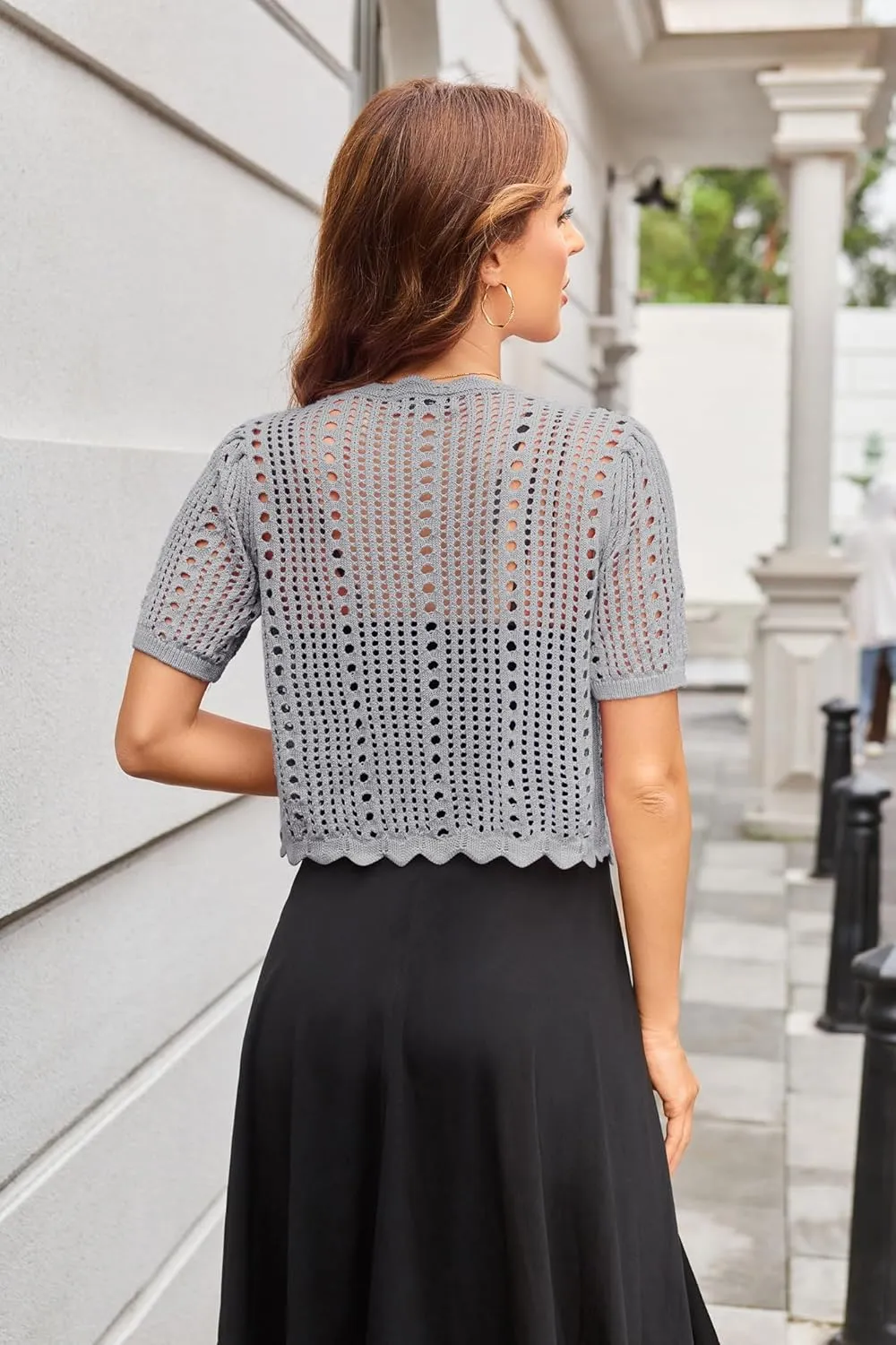 Kate Kasin Women Crochet Shrug Sweater Tie Front Knit Bolero Shrug for Dress Short Sleeve Cropped Cardigan