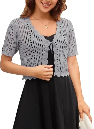 Kate Kasin Women Crochet Shrug Sweater Tie Front Knit Bolero Shrug for Dress Short Sleeve Cropped Cardigan