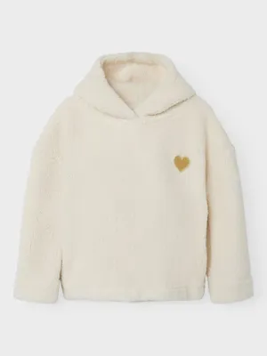 Kids Girl's Heart Embroidered Sherpa Hoodie,Cream