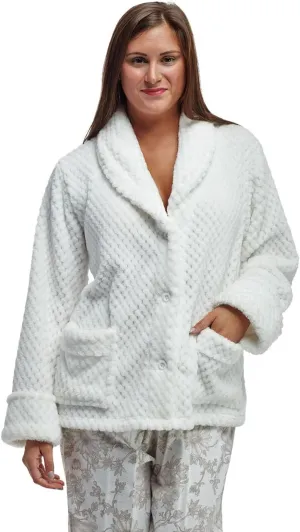 LA CERA Women's Fleece Bed Jacket - Stylish Notched Collar, Long Sleeves, Front Pockets, Button Front, Machine Washable