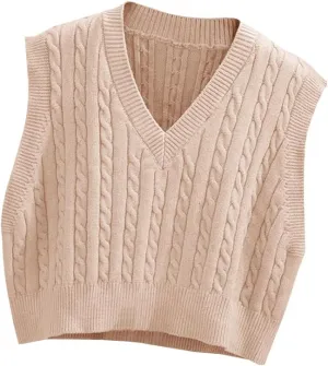 Lailezou Women's V-Neck Knit Sweater Vest Solid Color Argyle Plaid Preppy Style Sleeveless Crop Knit Vest