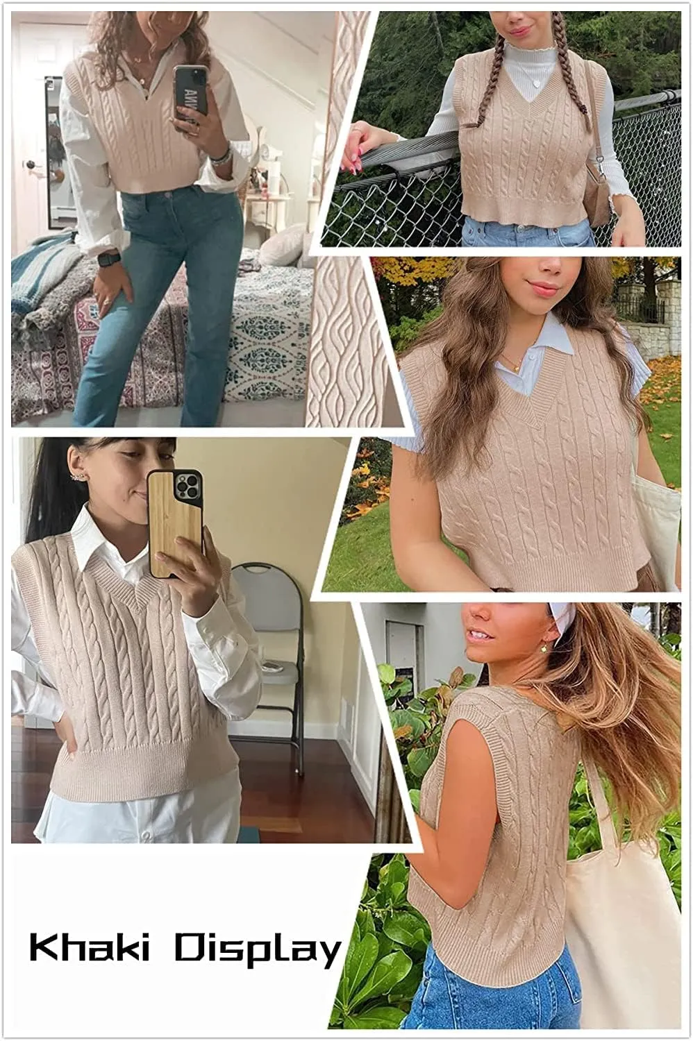 Lailezou Women's V-Neck Knit Sweater Vest Solid Color Argyle Plaid Preppy Style Sleeveless Crop Knit Vest