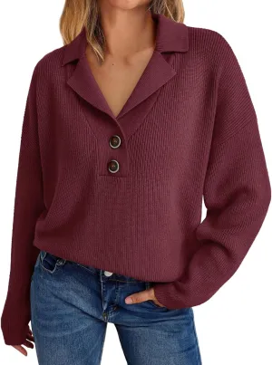 LILLUSORY Womens V Neck Pullover Sweaters Casual Cable Knit Chunky Warm Cute Tops with Collar Polo