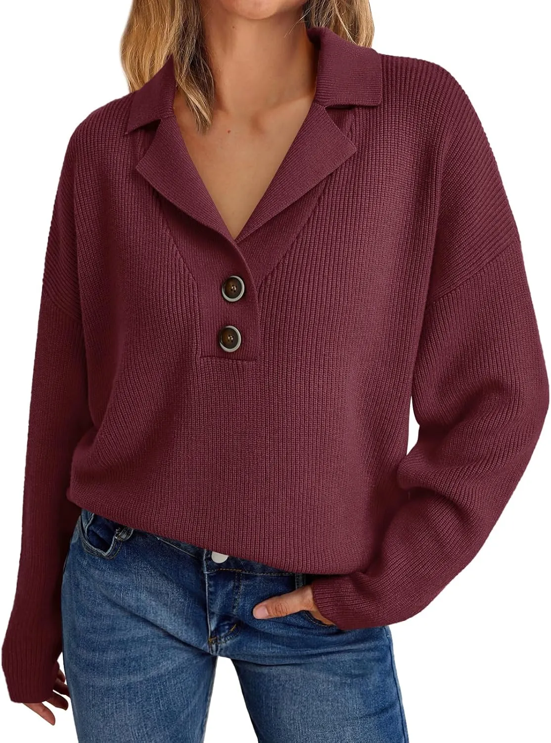 LILLUSORY Womens V Neck Pullover Sweaters Casual Cable Knit Chunky Warm Cute Tops with Collar Polo