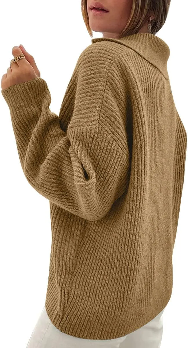 LILLUSORY Womens V Neck Pullover Sweaters Casual Cable Knit Chunky Warm Cute Tops with Collar Polo