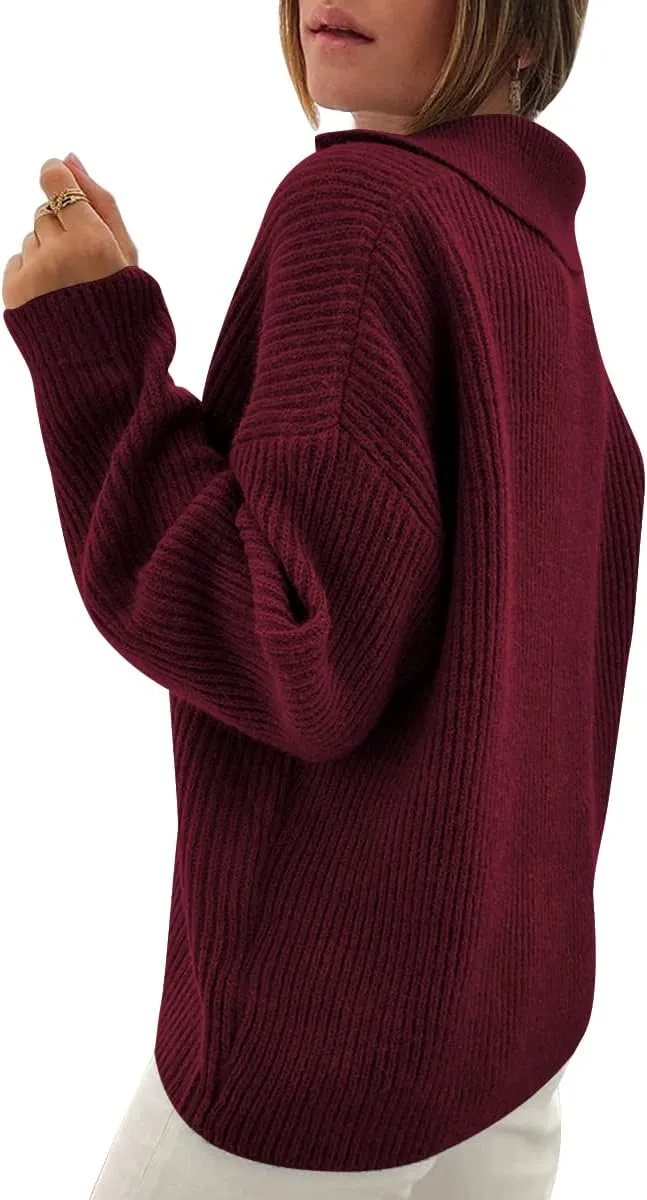 LILLUSORY Womens V Neck Pullover Sweaters Casual Cable Knit Chunky Warm Cute Tops with Collar Polo