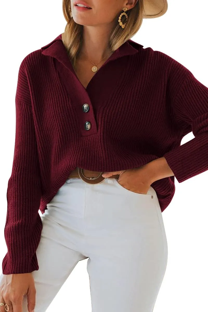 LILLUSORY Womens V Neck Pullover Sweaters Casual Cable Knit Chunky Warm Cute Tops with Collar Polo