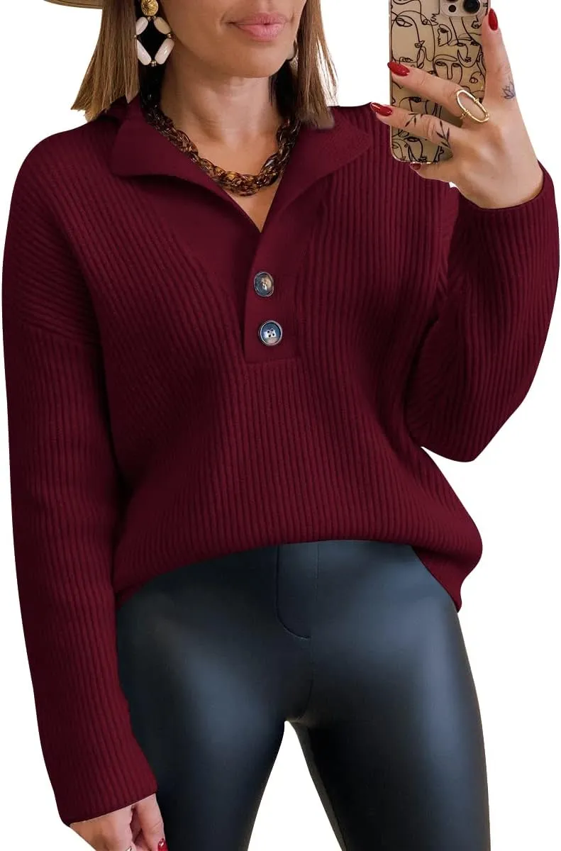 LILLUSORY Womens V Neck Pullover Sweaters Casual Cable Knit Chunky Warm Cute Tops with Collar Polo