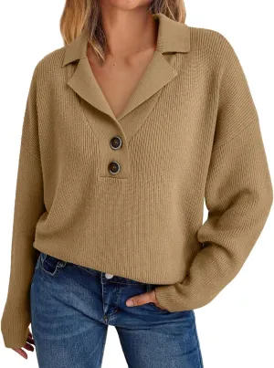 LILLUSORY Womens V Neck Pullover Sweaters Casual Cable Knit Chunky Warm Cute Tops with Collar Polo